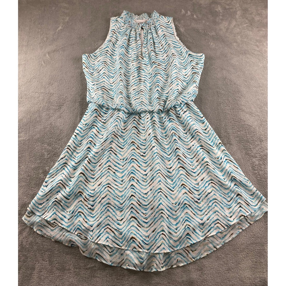 White House Black Market Blue and White Sleeveless Chevron Dress